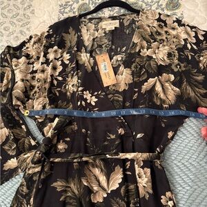 Ralph Lauren Black Floral Mock Wrap Dress with Beige and Olive Blooms